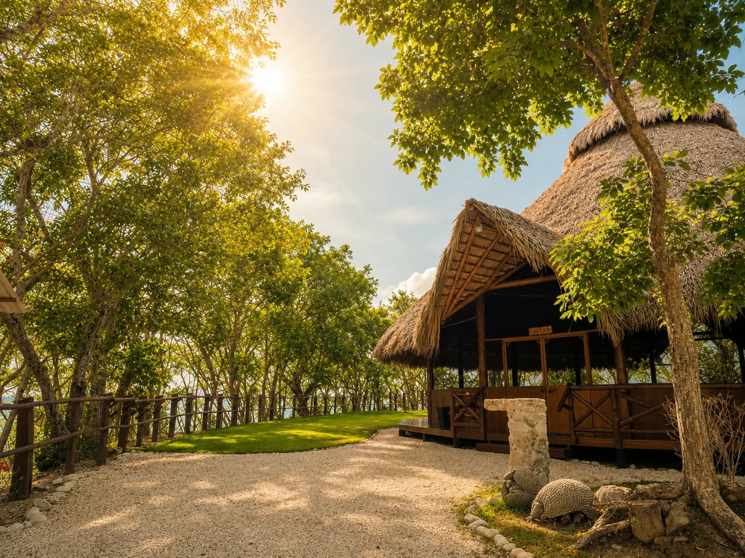 Sunlit retreat lodge surrounded by trees