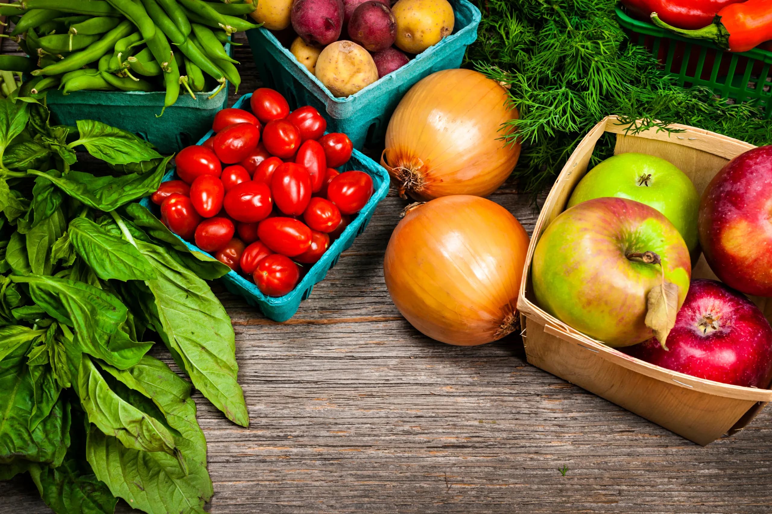 Fresh fruits and vegetables arranged together