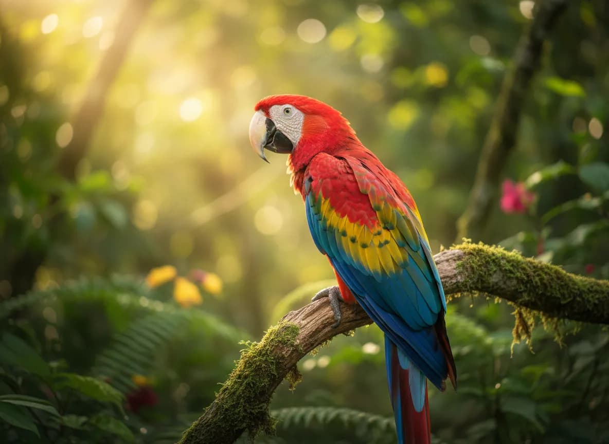 A red macaw perched on a branch in the forest