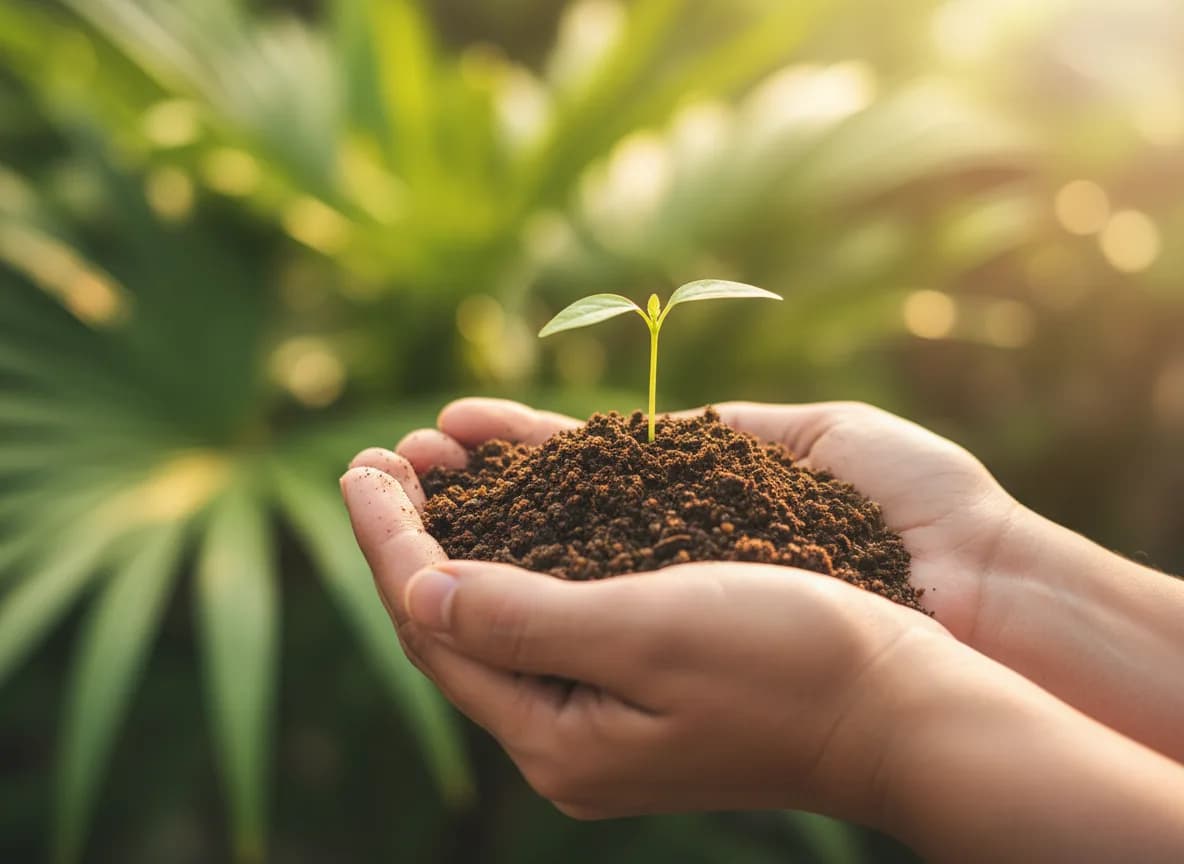 Hands holding soil and a young seedling