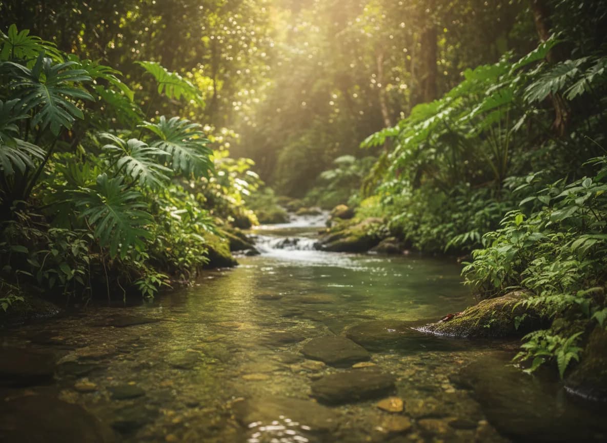 A clear stream running through tropical forest
